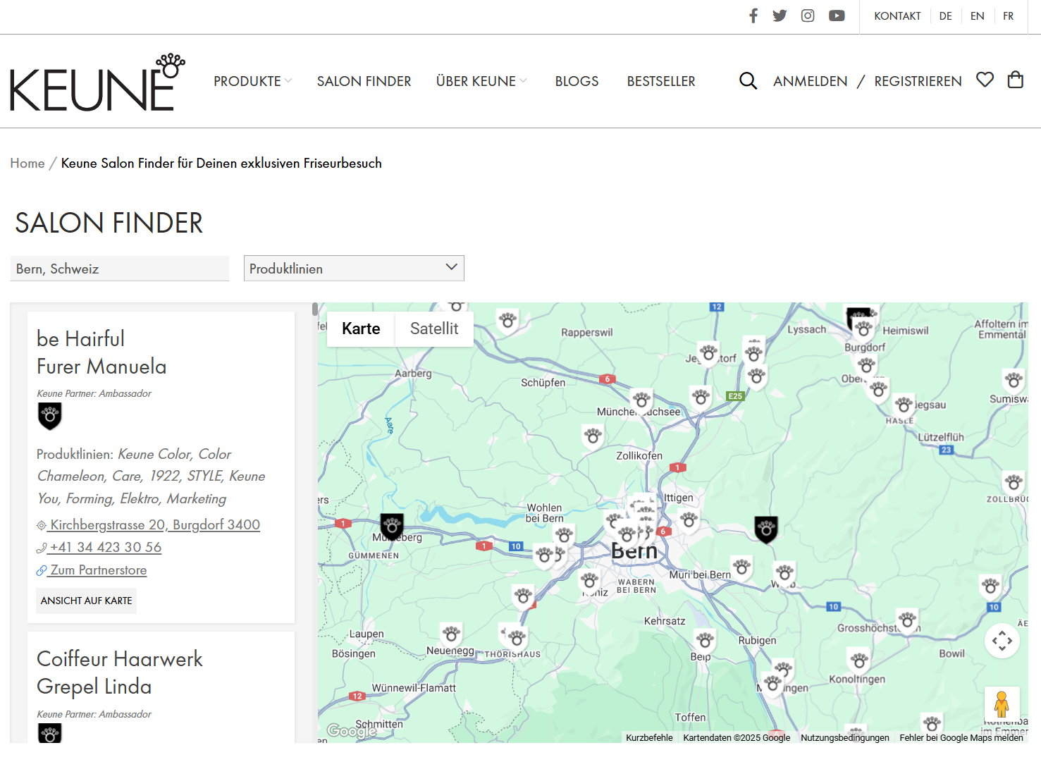 Keune Salonfinder mit interaktiver Karte für Partner-Salons