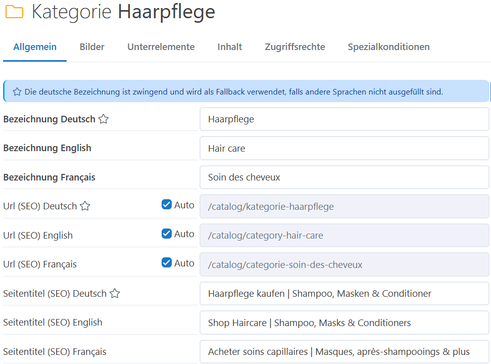SEO-Daten mit URLs, Titeln und Beschreibungen pro Sprache