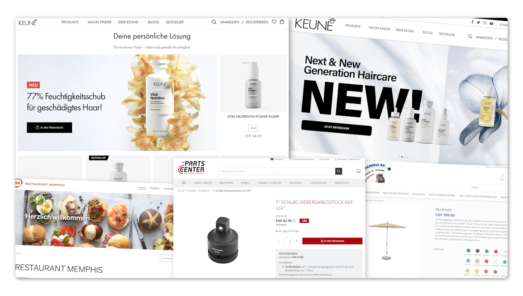 Beispiele verschiedener Webshop-Layouts und Designvarianten