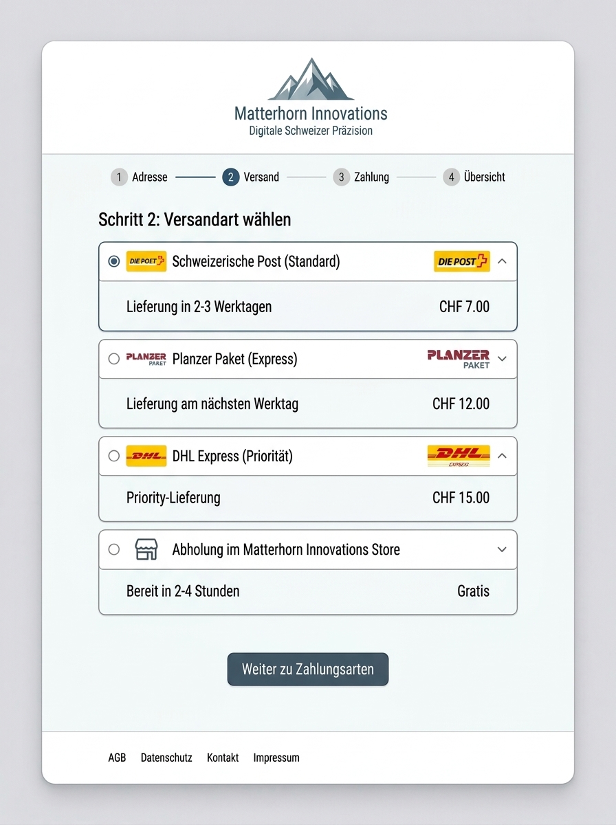 Auswahl verschiedener Lieferarten im Webshop-Checkout