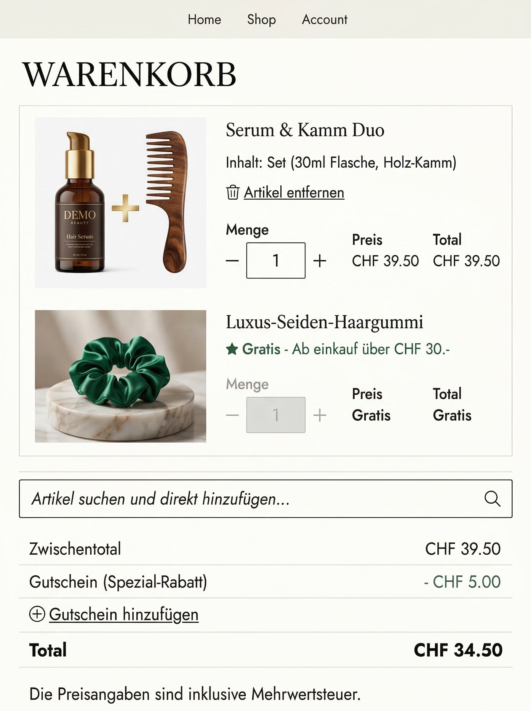 Warenkorb mit Gutscheinrabatt und Gratisartikel als Warenbonus